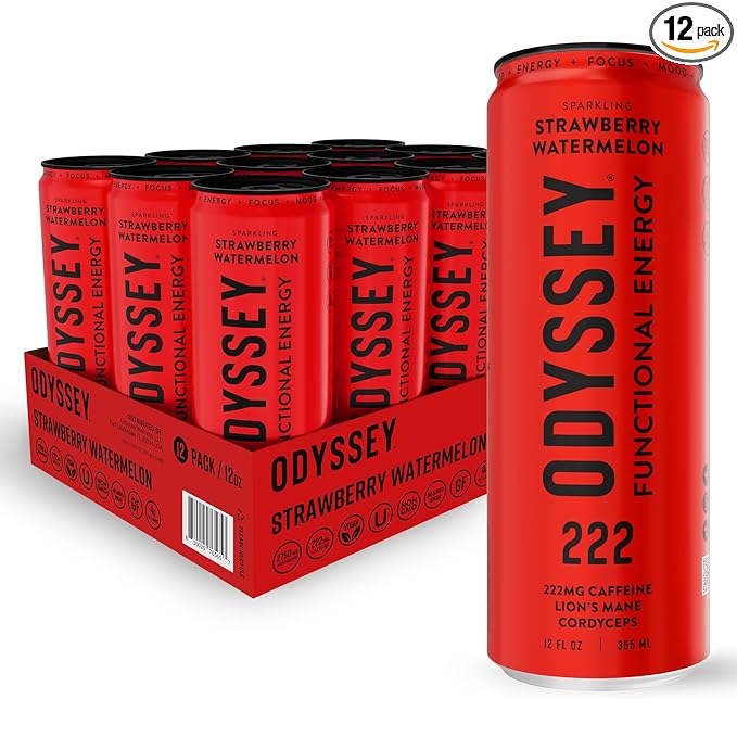 Odyssey Elixir - Odyssey 222 - Sparkling Energy Drink - 222 mg of Caffeine - Lion's Mane &amp Cordyceps - Energy &amp Focus - Endurance &amp Stamina - Nootropic - Pre Workout - Strawberry Watermelo