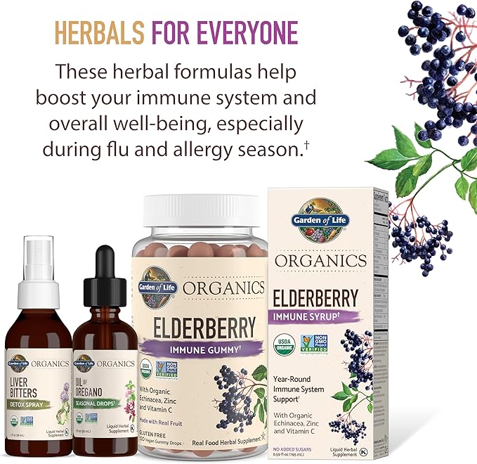 Garden of Life Organics Elderberry Zinc Immune Support for Adults and Kids 12 and Older Organic Cough &amp Mucus Immune Syrup with Ivy Leaf Vitamin C and Echinacea No Added Sugars 5 Fl oz