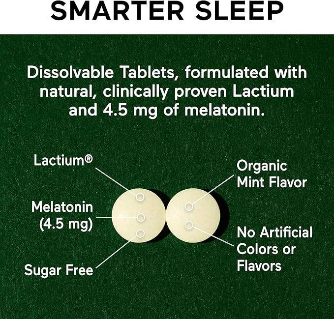 SMARTERNUTRITION Smarter Sleep Melatonin Dissolvable Tablets 4.5mg + Natural Clinically Proven Lactium® for Sleep &amp Stress Support - Mint Flavor Melatonin Tablets - Non-GMO-180 Count[90-Day Supply
