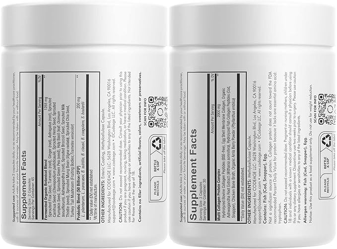Codeage Multi Collagen Protein Capsules 5 Types Ashwagandha Withania Somnifera &amp Organic Amla Berry + SBO Probiotic Blend 50 Billion CFU Bundle Lactobacillus Plantarum Bacillus Subtilis Non-GM