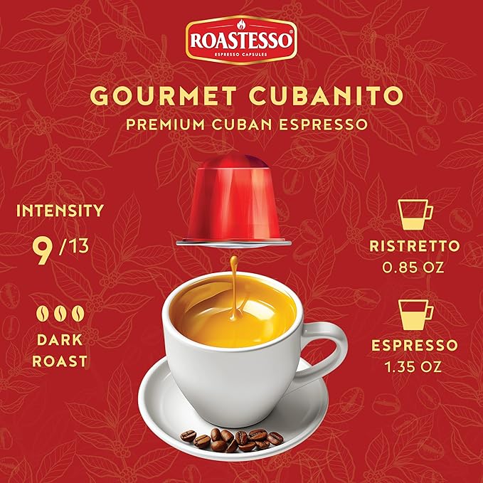 Roastesso Aluminum Espresso Capsules Gourmet Cubanito Cuban Blend Compatible with Nespresso Original Machines Dark Roast Intensity 9 Ristretto Recyclable Coffee Pods Packed in USA (40 Count)