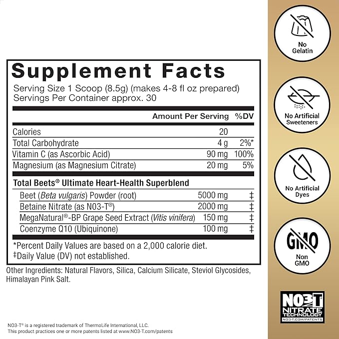 Force Factor Total Beets Ultimate Heart Health Blood Pressure Support with CoQ10 Beet Root Powder Grape Seed Extract Blood Pressure Supplement for Circulation Black Cherry 30 Servings