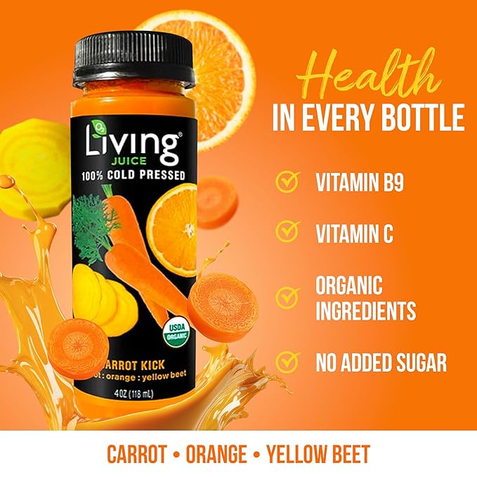 O2 Living Juice Cold Pressed Drink - Carrot Kick Organic Juice Pack - No Added Sugars or Water Naturally Sweetened from Fruits Rich in Nutrients &amp Vitamins - Refreshing &amp Non-GMO - 4 fl oz