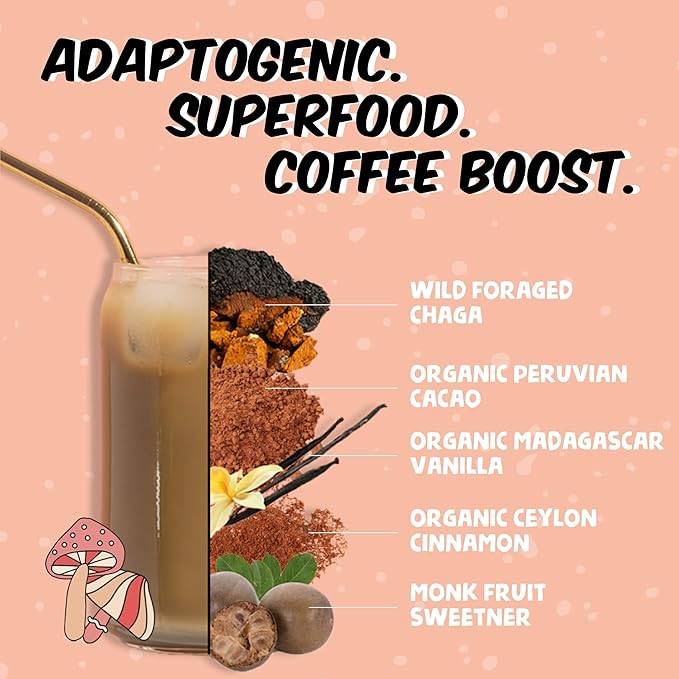 Renude Chagaccino - Chaga Mushroom Powder Mushroom Coffee Drink Mix with Adaptogens Natural Energy and Immune Support Vegan Keto Zero Calorie Mushroom Blend Powder - 15 Servings