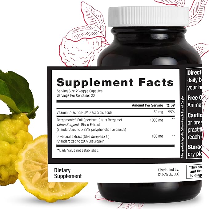 Durable Heart – Bergamonte Citrus Bergamot 1000 mg + Olive Leaf Extract + Vitamin C - Heart Health Supplement for Healthy Cholesterol - Doctor Formulated Vegan Non-GMO Made in USA (60 Capsules)