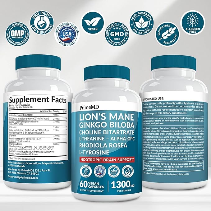 14-in-1 Lions Mane Supplement Capsules - Nootropic Brain Supplement with Ginkgo Biloba for Brain Support Memory and Focus - Alpha GPC L Theanine &amp Choline Supplements with 1300mg Per Serving (60