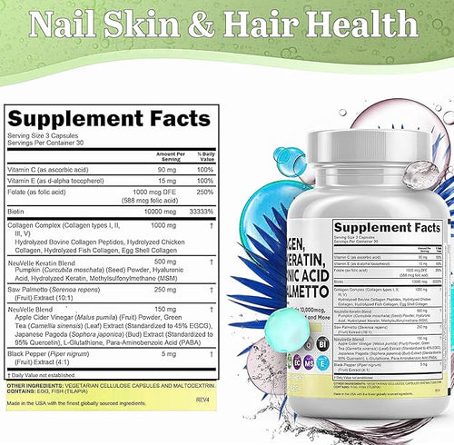 16 in 1 Collagen Supplement - Peptides Types IIIIII &amp V with Biotin Keratin Hyaluronic Acid Saw Palmetto Vitamins C &amp E Apple Cider Vinegar &amp PABA - Nail Skin &amp Hair Health Supp