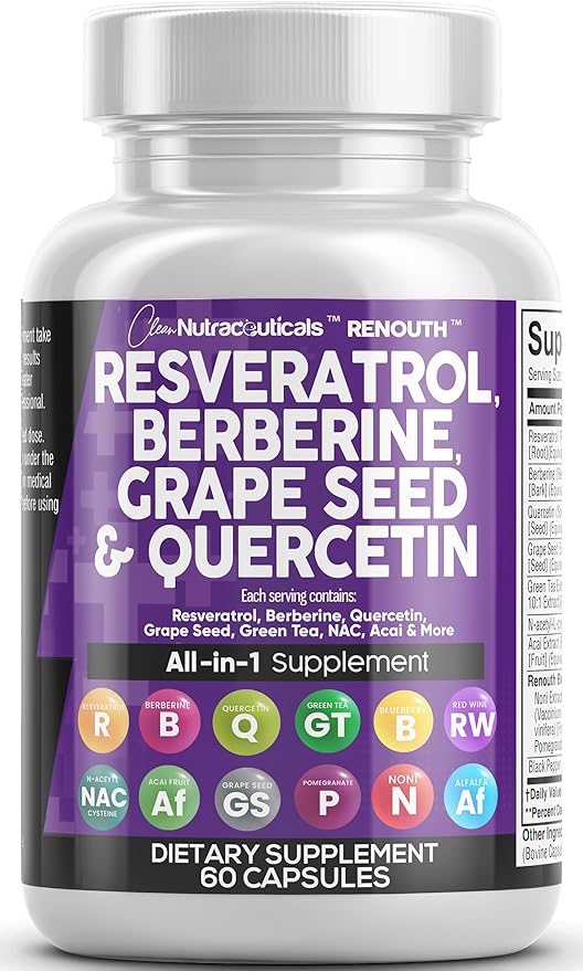 Clean Resveratrol Supplement | Berberine Grape Seed Extract Quercetin Green Tea Extract Acai Noni Polyphenol Supplement for Women &amp Men N-Acetyl Cysteine