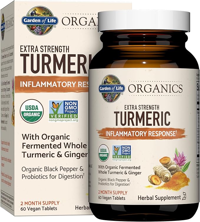 Garden of Life Organics Extra Strength Turmeric Inflammatory Response 60 Tablets-100mg Curcumin (95% Curcuminoids) Black Pepper Probiotics Organic Non-GMO Vegan Gluten Free Herbal Supplement