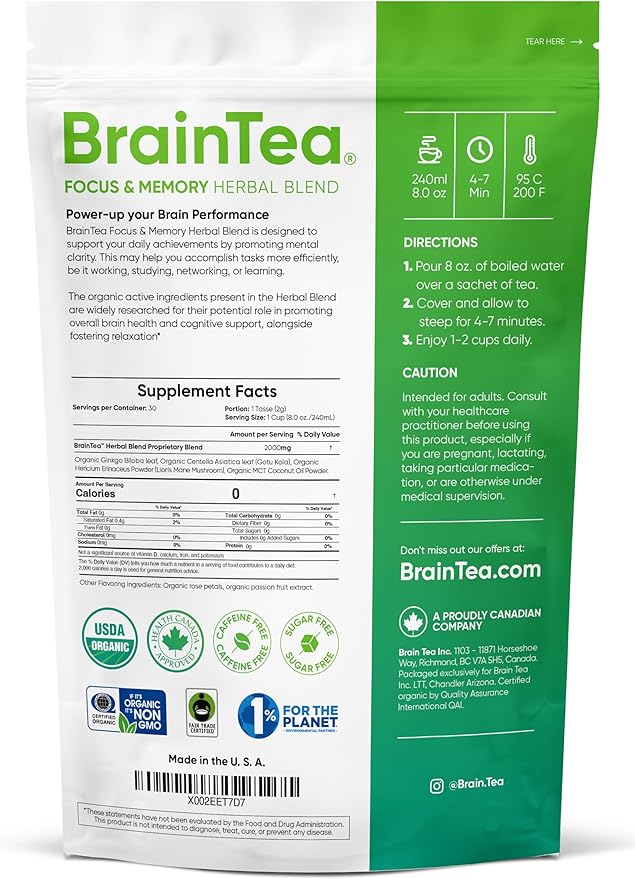 Brain Tea Focus &amp Memory - Brain Tea Organic Certified 4-in-1 Nootropic Herbal Supplement with Ginkgo Biloba Gotu Kola Lion’s Mane Mushroom MCT Caffeine-Free for Mental Clarity (30 Sachets)