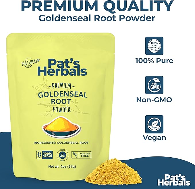 Pat's Herbals Goldenseal Root Powder - 2oz USA Grown Non-GMO | Pure Bright Yellow Root Powder