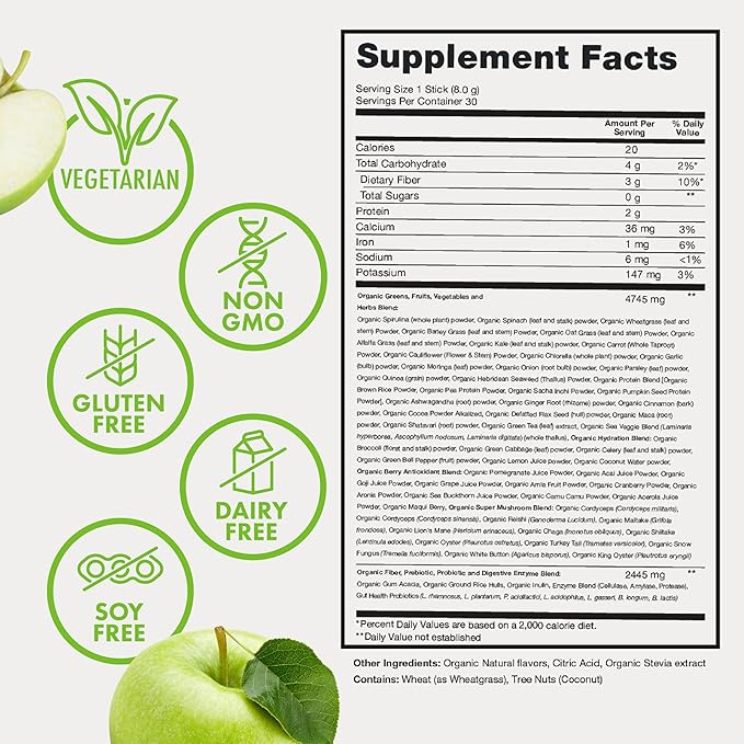 Zena Nutrition Organic Super Greens Powder 70+ Superfoods 0 Sugar 3g Fiber Spirulina Chlorella Mushrooms Prebiotics/Probiotics Digestive Enzymes Gut Health Green Apple 30 Drink Mix Packets