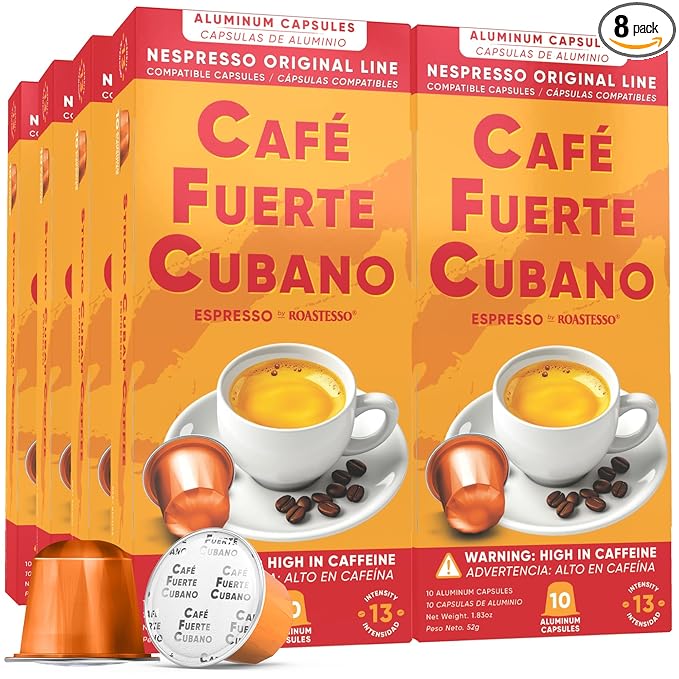 Café Fuerte Cubano Aluminum Espresso Capsules Compatible with Nespresso Original Machines Dark Roast Intensity 13 High Caffeine Recyclable Coffee Pods Roasted and Packaged in USA (80 Count)