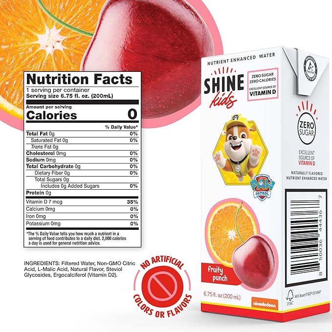 Shine Water x Paw Patrol Fruit Punch Kids Juice Boxes with Vitamin D 32-Pack | No Added Sugar | Naturally Flavored Drinks for Kids | Vegan Gluten Free Zero Calorie Hydration