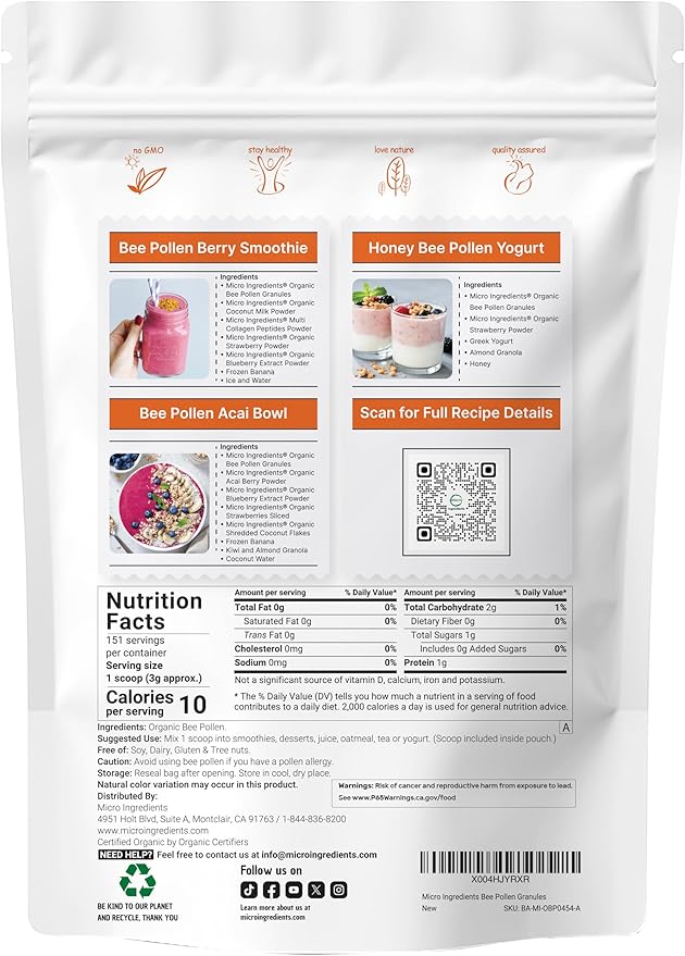Micro Ingredients Organic Bee Pollen Granules 1 lb | Fresh Harvest Raw &amp Natural Superfood | Rich in B Vitamins Minerals Protein &amp Antioxidants | Keto Non-GMO