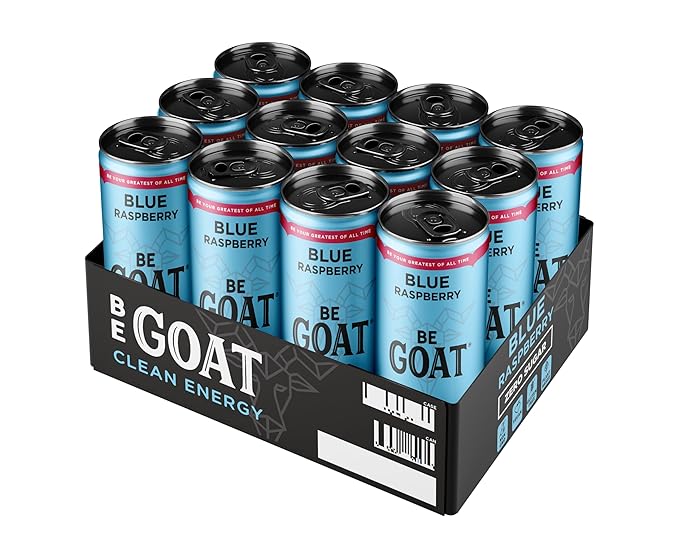 BeGOAT Clean Energy | Blue Raspberry Zero Sugar | 6 Ingredients Plant-Based Zero Sugar Non-GMO Vegan | 200mg Natural Caffeine | 12 fl oz Cans (Pack of 12)