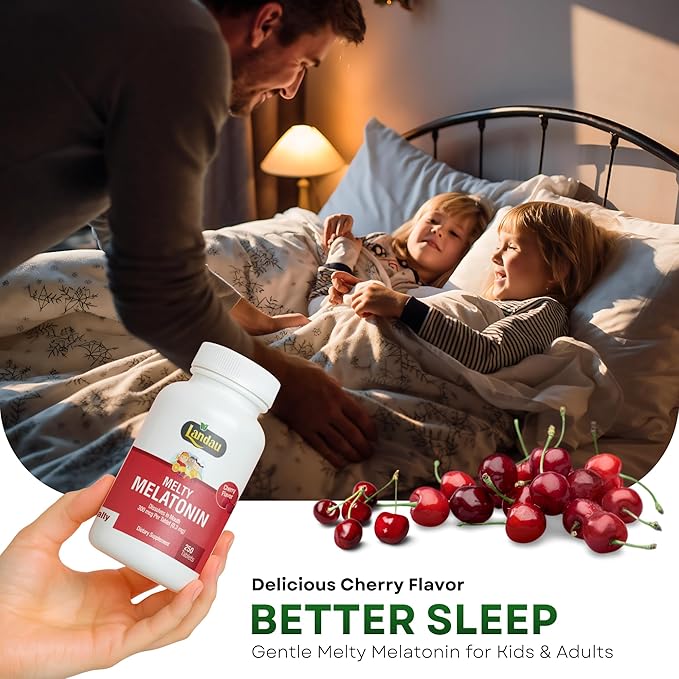 LANDAU 0.3mg-300 mcg Melty Melatonin for Kids &amp Adults – Easy-to-Take Fast-Dissolving Helps You Fall Asleep Faster – Kosher Made in The USA – 250 Tablets Cherry Flavor