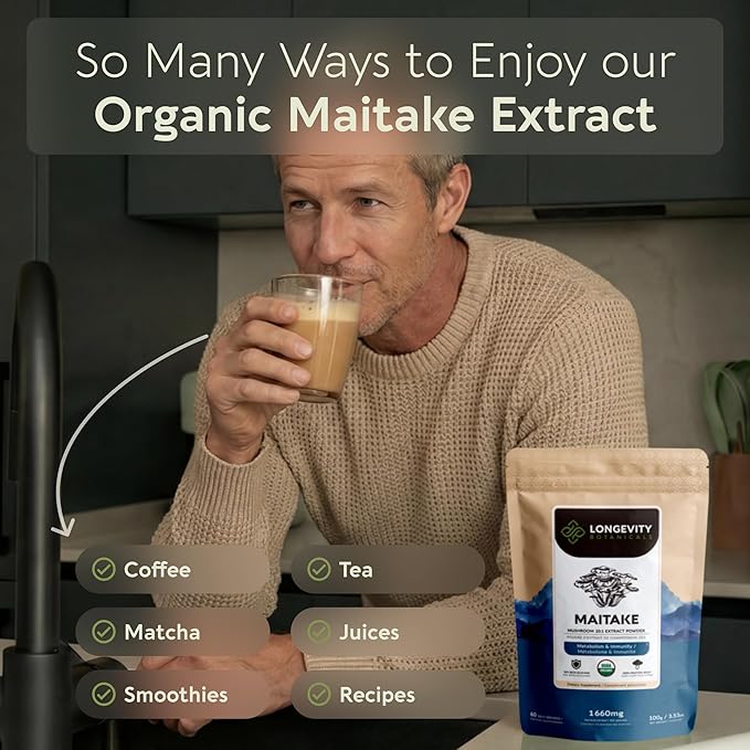 Organic Maitake Mushroom Powder Supplement 10:1 Extract 100g | Grifola Frondosa 100% Fruiting Body | ≥30% Beta-D-Glucans | 60 Servings of 1660mg | Metabolism Immune &amp Daily Wellness Support