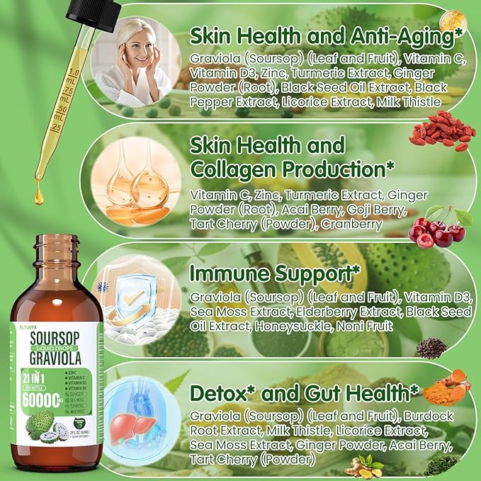 21-in-1 Soursop Graviola Liquid Drop Soursop Bitters Liquid 2000mg Organic Soursop Leaves &amp Fruit with 300mg Sea Moss Zinc Vitamins for Cellular Immune Skin Digestive Strawberry Flavor 60M