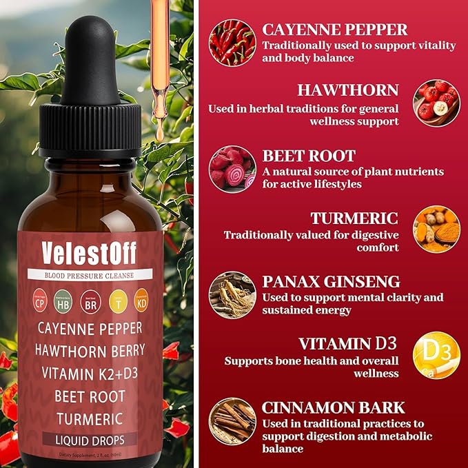 Velestoff Cayenne Pepper - Cayenne Pepper Drops Liquid Supplement with Organic Hawthorn Beet Root Turmeric Vitamin K2 D3