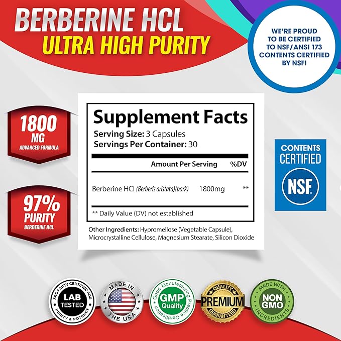 Toplux Berberine Supplement 1800mg - Berberine HCL 97% Tested Ultra High Purity Premium Berberine Extract to Support Overall Health High Potency Berberine Plus Non-GMO Vegan Men Women 90 Capsules