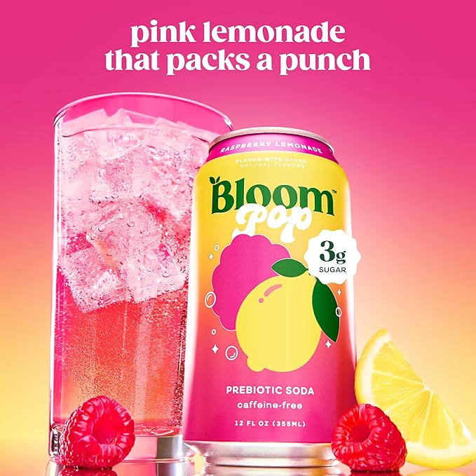 Bloom Pop Prebiotic Soda 12 Pack Raspberry Lemonade Flavor 12oz Cans | Prebiotic Soda for Gut Health Low Calorie Soda No Caffeine Healthy Soft Drink Alternative