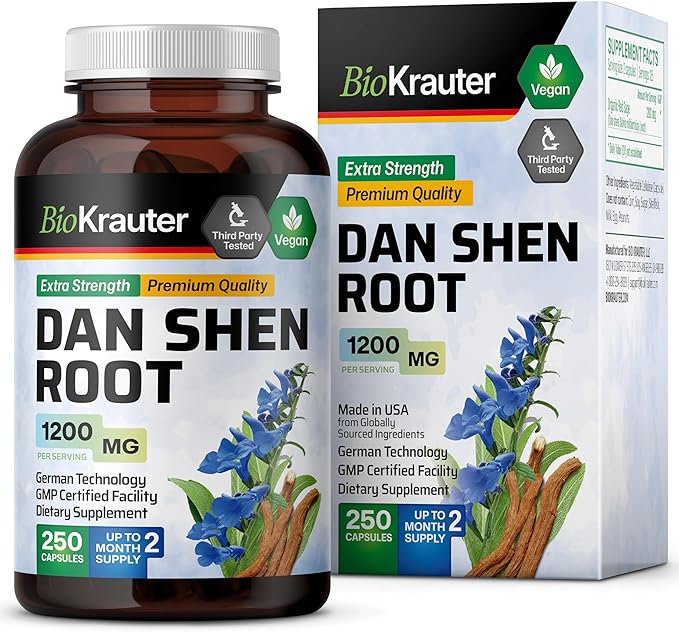 BIO KRAUTER® Dan Shen Red Sage for Circulatory Support - Pure Vegan Dan Shen Supplement (Salvia Miltiorrhiza) 1200 mg per Serving - Antioxidant Herbal Supplement 250 Сapsules 50-Day Supply Non-GMO
