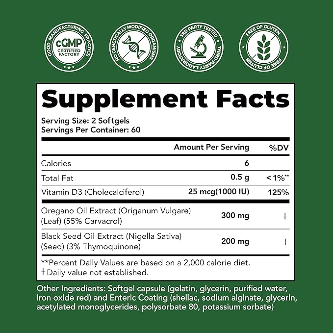 Oil of Oregano with Black Seed Oil &amp Vitamin D3 – Enteric-Coated Softgels for Gentle Delayed-Release Immune &amp Digestive Support – Mild Taste Easy to Swallow – 120 Softgels 60-Day Supply