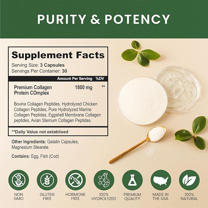 Multi Collagen Protein Peptides Supplement Capsules - 1800mg Collagen Complex Types I II III V X - Joint Support Healthy Hair Skin Nails Beauty Vitamins 100% Natural Non-GMO 270ct (3)