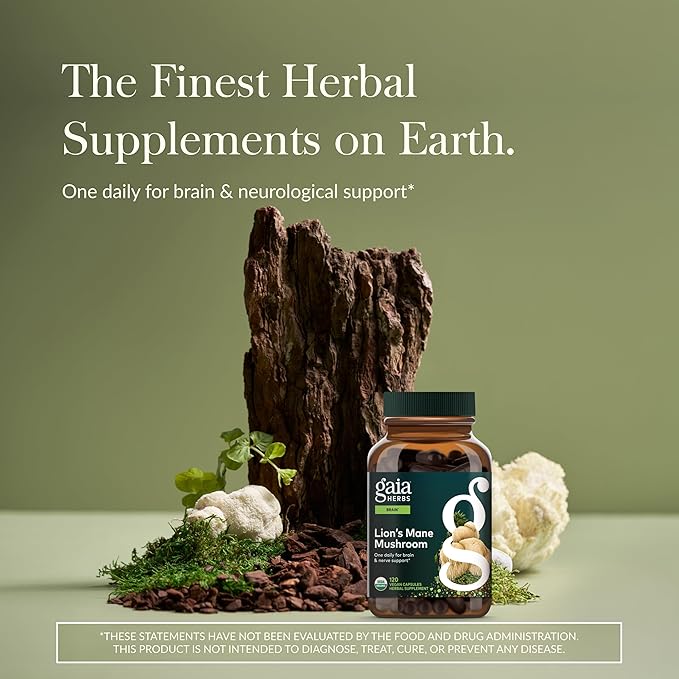 Gaia Herbs Lion's Mane Mushroom - Brain &amp Nerve Health Support* - 120 Vegan Capsules (120 Servings)