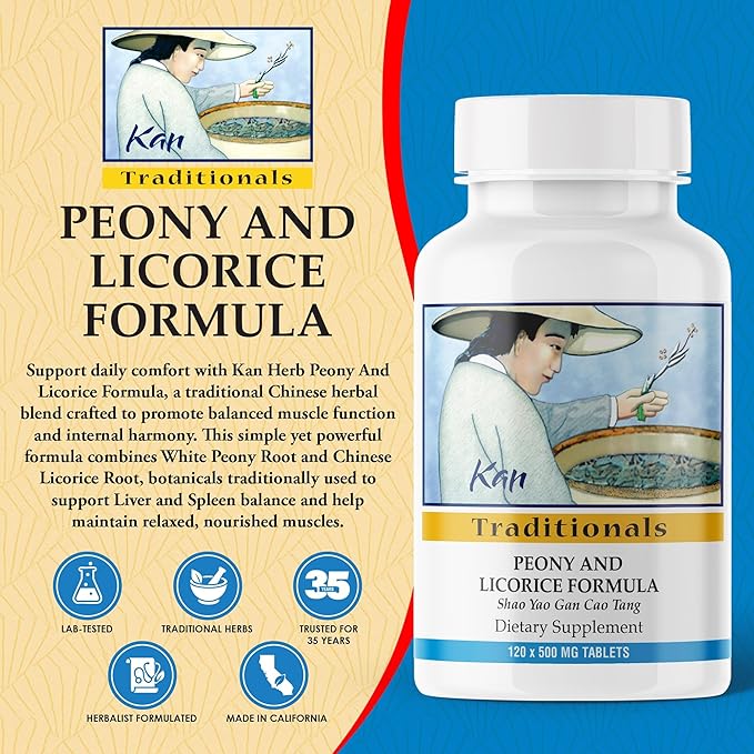 Kan Herb Company Peony &amp Licorice Formula Tablets – Traditional Chinese Herbal Blend with White Peony Root &amp Chinese Licorice to Support Liver Balance Muscle Comfort &amp Digestive Harmony
