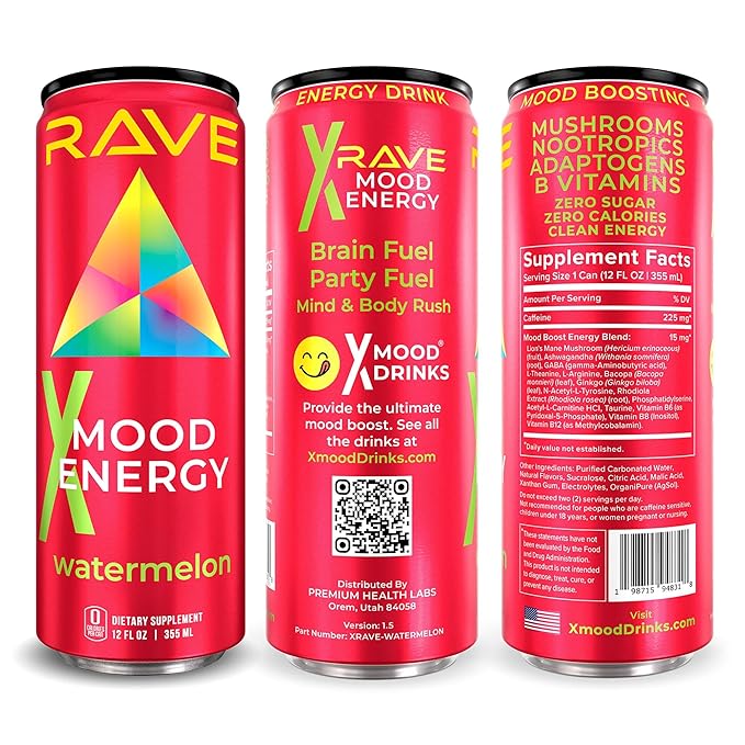 RAVE Mood Energy Drink is Mind Blowingly Different. With Mood-Boosting Functional Mushrooms Nootropics Adaptogens &amp B Vitamins. Experience Mind &amp Body Rush! 225mg Caffeine - Electrolytes - Z