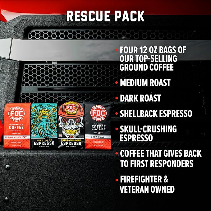 Fire Department Coffee - Gives Back to Firefighters - Rescue Variety Pack - Ground Coffee - Medium Dark Shellback Espresso &amp Skull Crushing Espresso - Veteran Owned (12 oz Pack of 4)