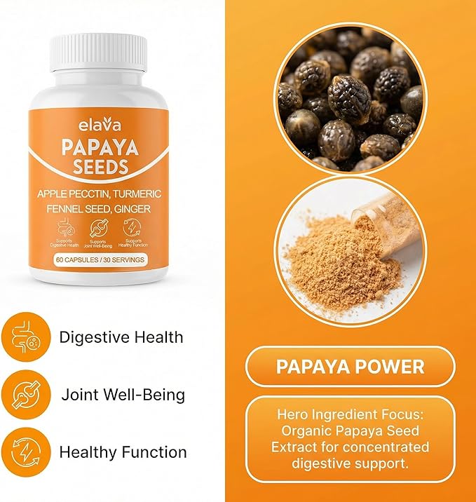 Elava Papaya Seeds Capsules Papaya Seeds Organic Digestive Herbal Blend with Turmeric Ginger Peppermint &amp Fennel Non-GMO Gluten &amp Lactose Free 60 Capsules