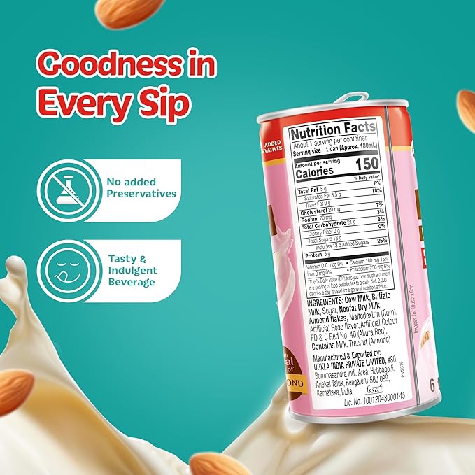 MTR Badam Drink - Rose Flavored Ready-to-Drink - Authentic Indian Almond Milk Beverage Real Bits of Almond No Added Preservatives Gluten-Free Refreshing Drink Perfect for Anytime Refreshment Pa