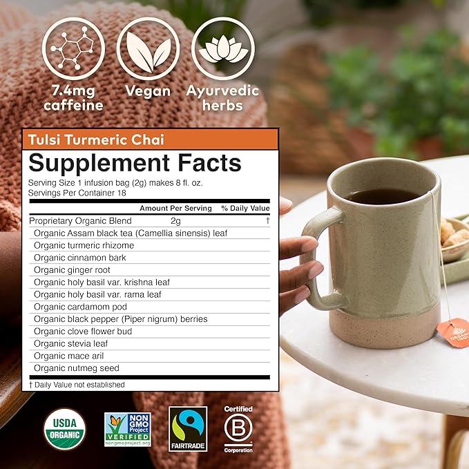 Organic India Tulsi Turmeric Chai Tea - Herbal Tea Bags with Caffeine Ginger Root Cinnamon Holy Basil Stress Relieving and Energizing Immune Support Helps Digestion - 18 Count Pack of 6
