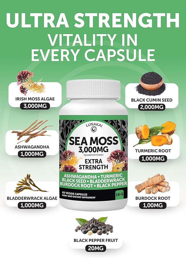 Lunakai USA Made Irish Sea Moss Capsules with Black Seed Oil Ashwagandha Burdock Root &amp Bladderwrack 60ct