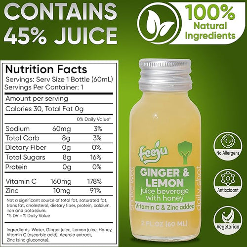 15 Pcs Lemon &amp Ginger Shots with Honey - 60ml Hand-squeezed Immunity Shots for Digestion and Energy Boost – No Allergens with Vitamin C and Zinc
