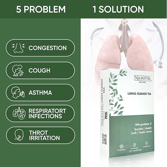 Namhya Ayurveda Lungs Cleanse Tea for Better Respiratory Health Clear Breathing Cough &amp Congestion - Herbal Lung Detox Tea with Tulsi Dry Ginger &amp Mulethi for Smokers – 25 teabags