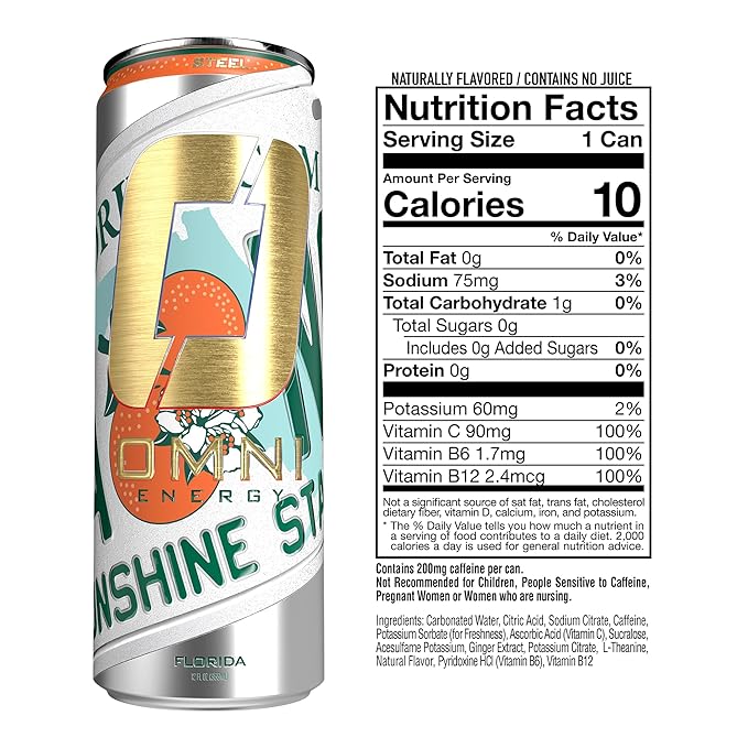 OMNI Energy Drink Florida 12pk (Pack of 12) | 200mg Clean Caffeine B Vitamins | Sugar Free | Low Calorie | Sparkling