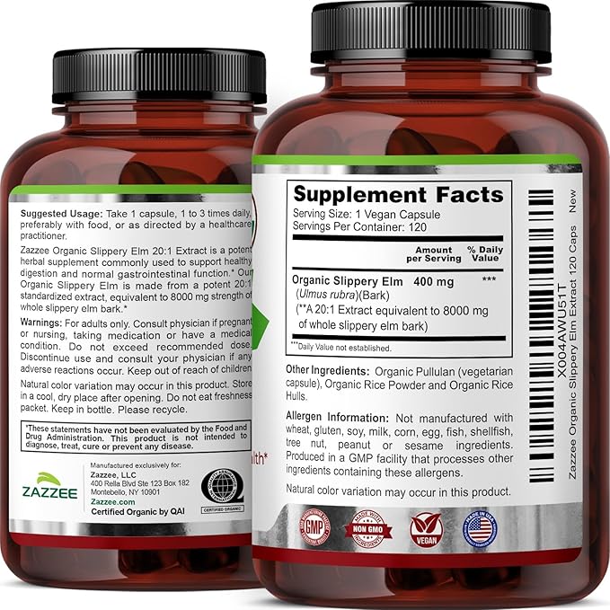 Zazzee USDA Organic Slippery Elm Bark 20:1 Extract 120 Vegan Capsules 4 Month Supply Ulmus Rubra Digestive Throat &amp Mucosal Support Herbal Supplement All-Natural Non-GMO Made in the USA