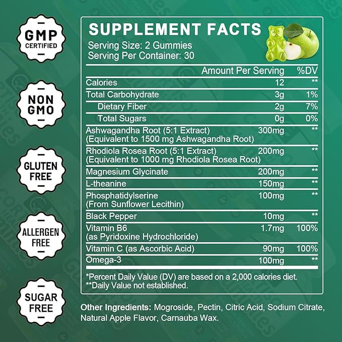Cortisol Gummies Cortisol Supplement for Women with Magnesium Ashwagandha Rhodiola Phosphatidylserine L-Theanine Black Pepper Vitamin C &amp B6 - Relaxation Focus Sleep Support - 2 Pack