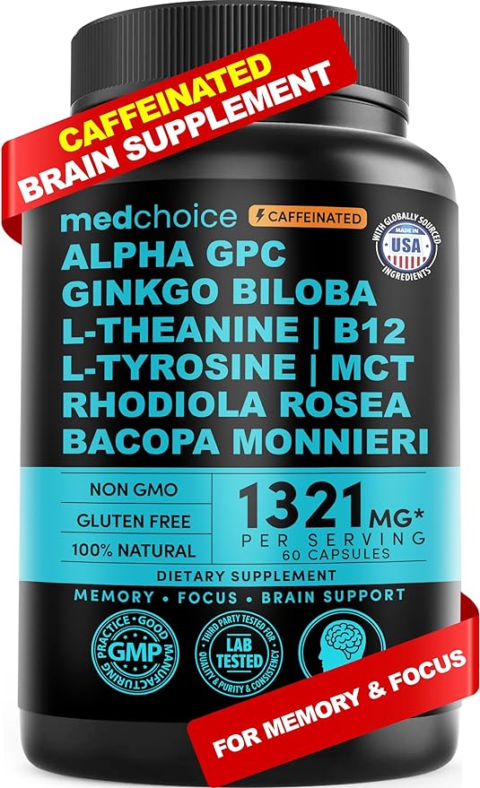 12-in-1 Nootropic Brain Supplement with Caffeine Anhydrous: Ginkgo Biloba for Brain Support Memory and Focus - B12 Alpha GPC L Theanine and Choline Supplements with Bioperine with 1321mg (60ct)