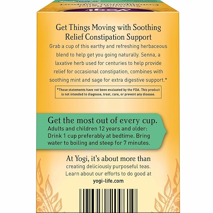 Yogi Tea Soothing Relief Constipation Support - Tea with Organic Senna Leaf - Gently Aids Constipation Overnight - Laxative Tea Blended With Peppermint &amp Sage - 16 Tea Bags Per Pack (6 Packs)