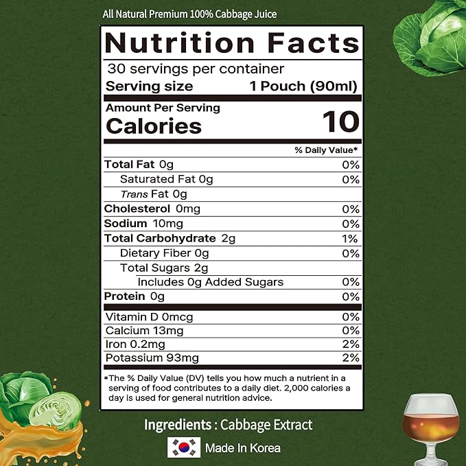 TerraPick Korean Cabbage Extract– Gut Health &amp Digestion Support 100% Pure Cabbage Extract No Additives or Preservatives Daily Alkaline Wellness Drink (30 Pouches)