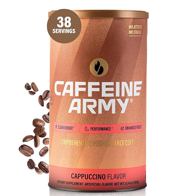 CAFFEINE ARMY Cappuccino | Functional Coffee with Collagen Peptides MCTs CoQ10 and Adaptogens: Clean Energy Supports Daily Attention No Jitters or Crash (13.4 oz 38 Servings)