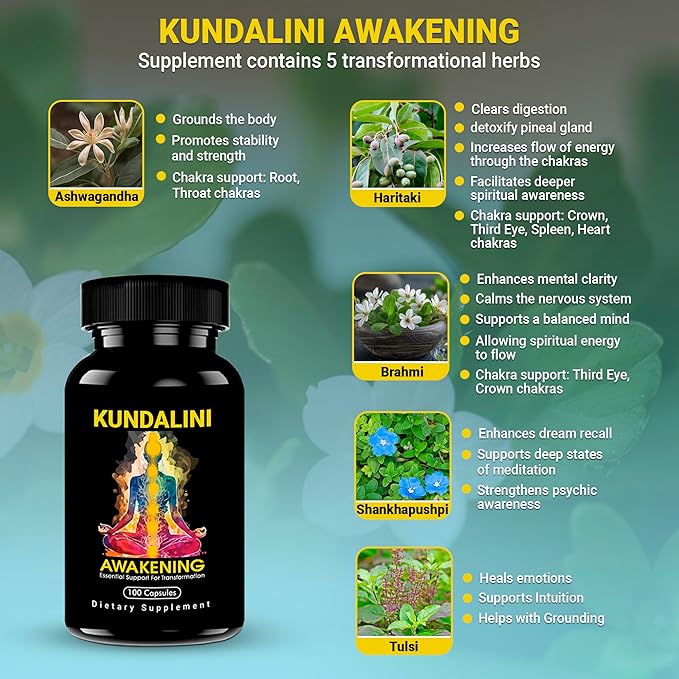 KUNDALINI AWAKENING Herbal Supplement – Ayurvedic Herbal Blend with Ashwagandha Bacopa Tulsi and Haritaki – Supports Spiritual Growth Chakra activation Meditation &amp Higher Consciousness.