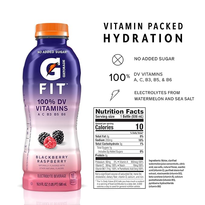 Gatorade Fit Electrolyte Beverage Healthy Real Hydration Blackberry Raspberry 16.9.oz Bottles (12 Pack)