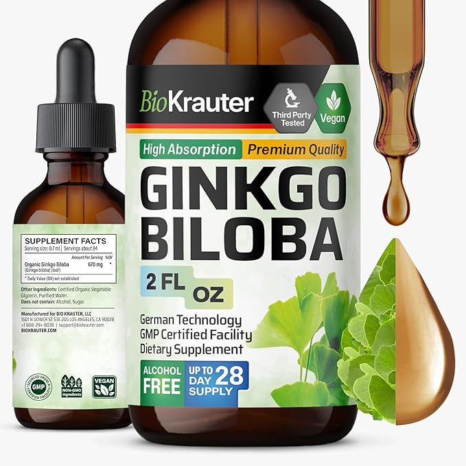 BIO KRAUTER® Ginkgo Biloba for Brain Support - Pure Vegan Ginkgo Biloba Supplement 670 mg - Supports Calm Focus &amp Memory - Alcohol &amp Sugar Free 2 Fl.Oz 28-Day Supply Liquid Drops for Brain