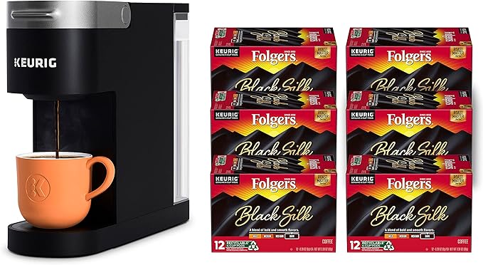 Keurig K-Slim Single Serve Coffee Maker with Folgers Black Silk Dark Roast Coffee 72 K-Cup Pods